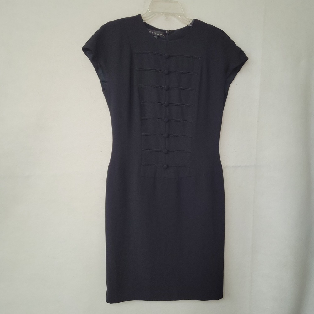 Marianna‎ Black Dress Size 6 Career Cap Sleeve Sheath Buttons Detail Lined